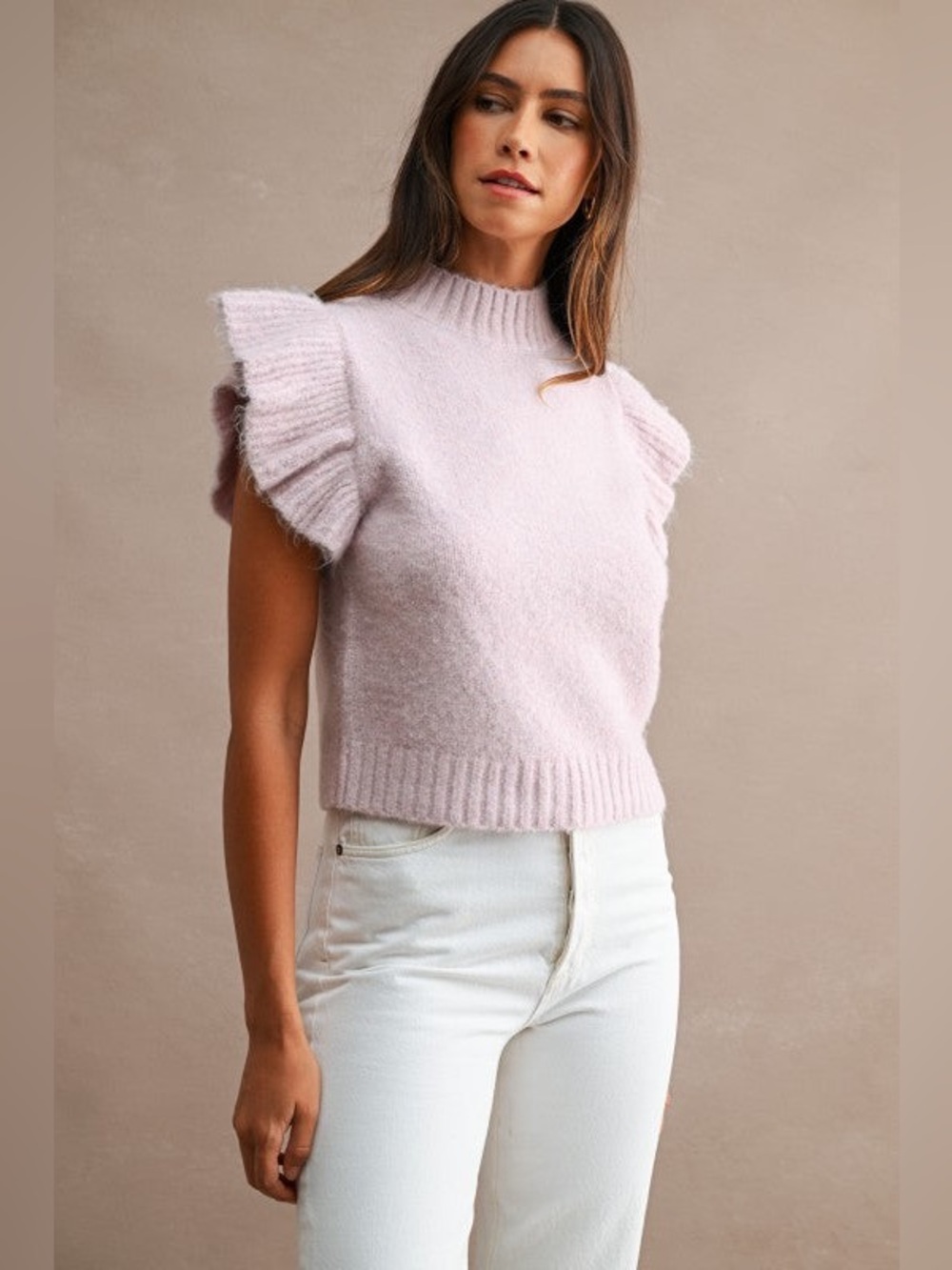 NWT Ruffle Sleeve Mock Neck Sweater in Lavender Pink | Chic Fall Outfit - Picture 2 of 3